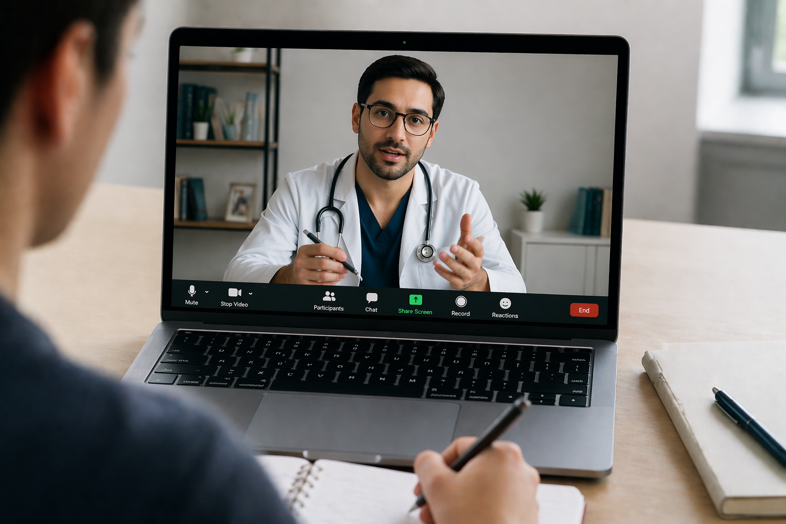 Physician providing one-on-one tutoring to a medical student through a video call