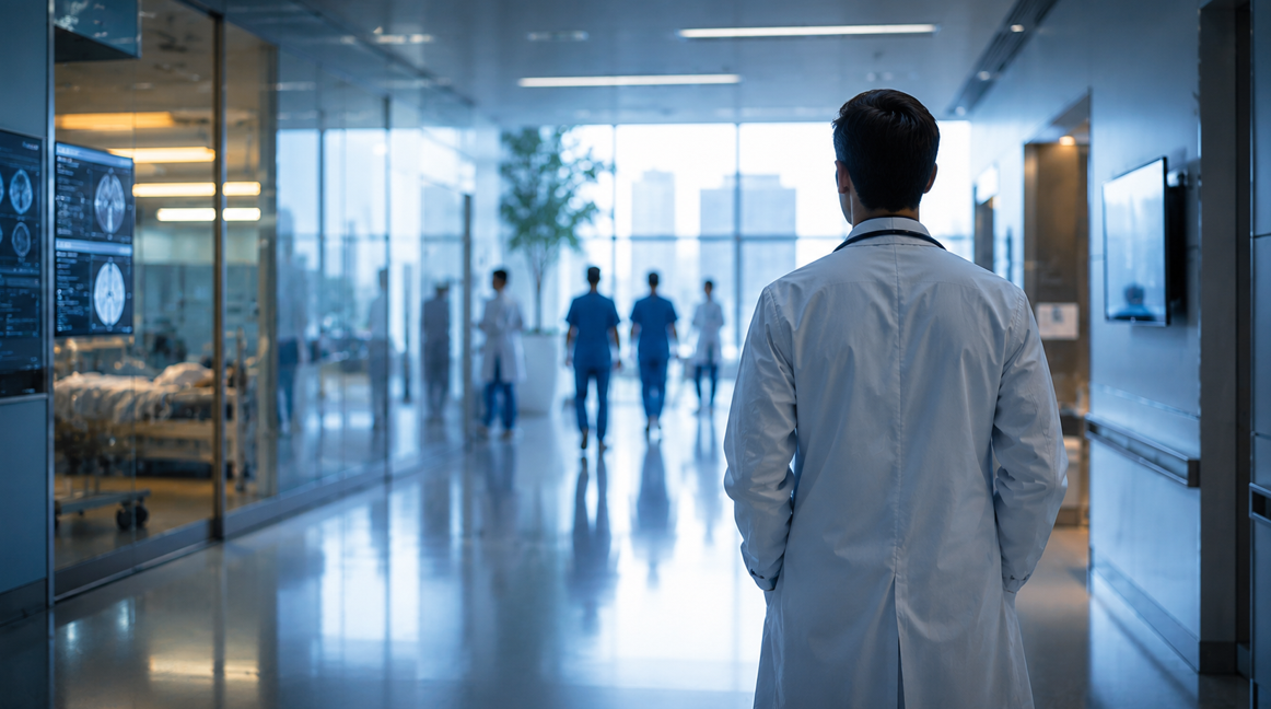 physician walking through a modern hospital corridor with clinical staff and advanced medical technology in the background, symbolizing the journey into medicine.
