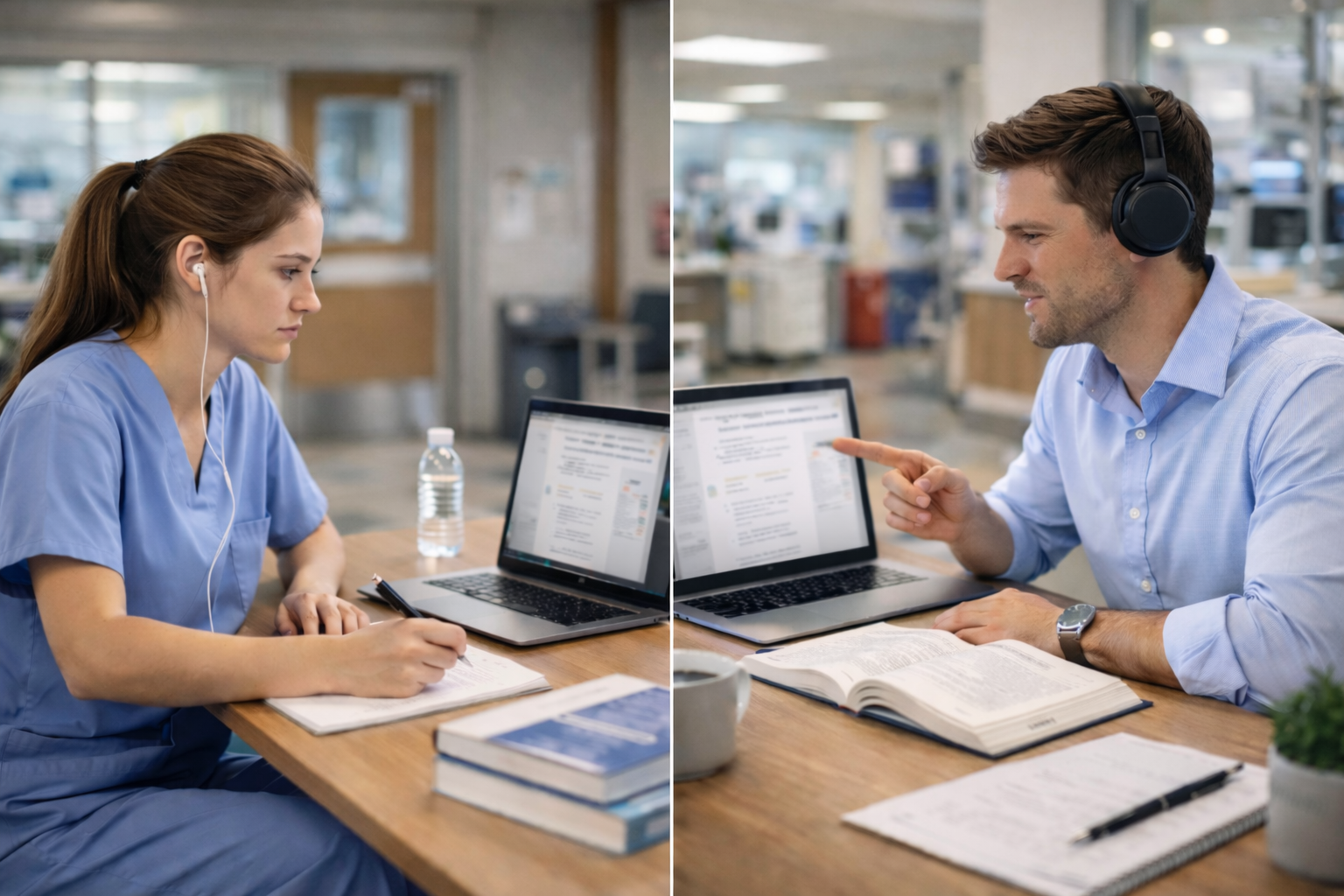 Medical student studying in a hospital setting during a virtual tutoring session