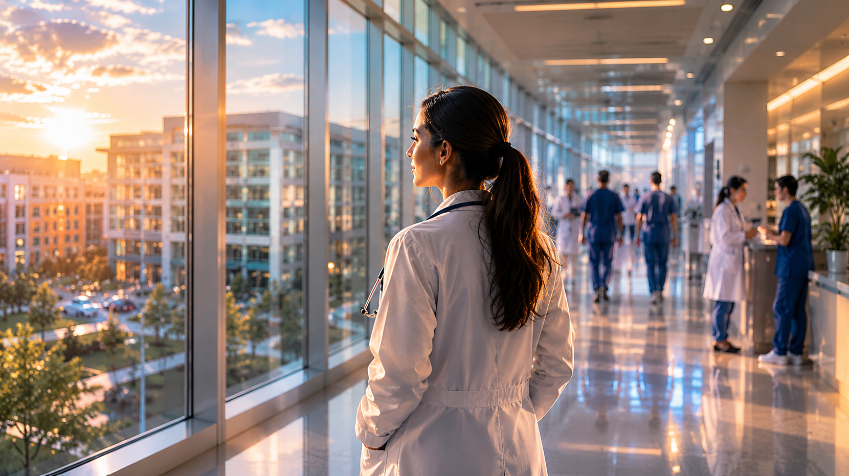 Young doctor in a white coat standing in a modern hospital hallway with clinical staff in the background, symbolizing mentorship and medical training.