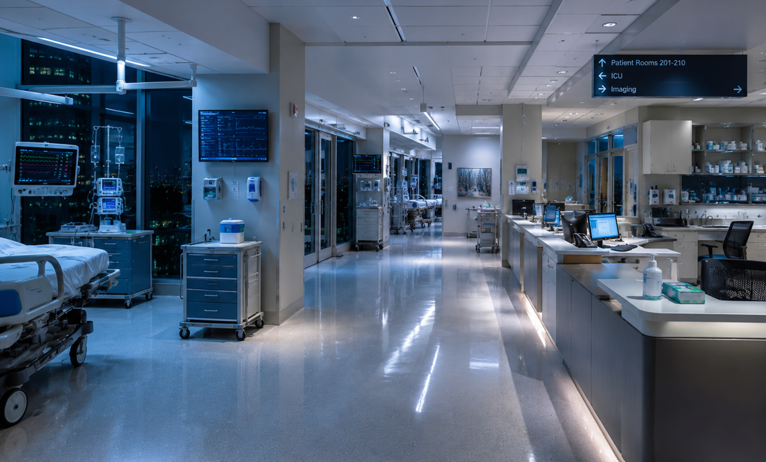 Modern hospital interior with patient rooms, monitoring equipment, nurse station, and advanced clinical technology in a clean nighttime healthcare environment.