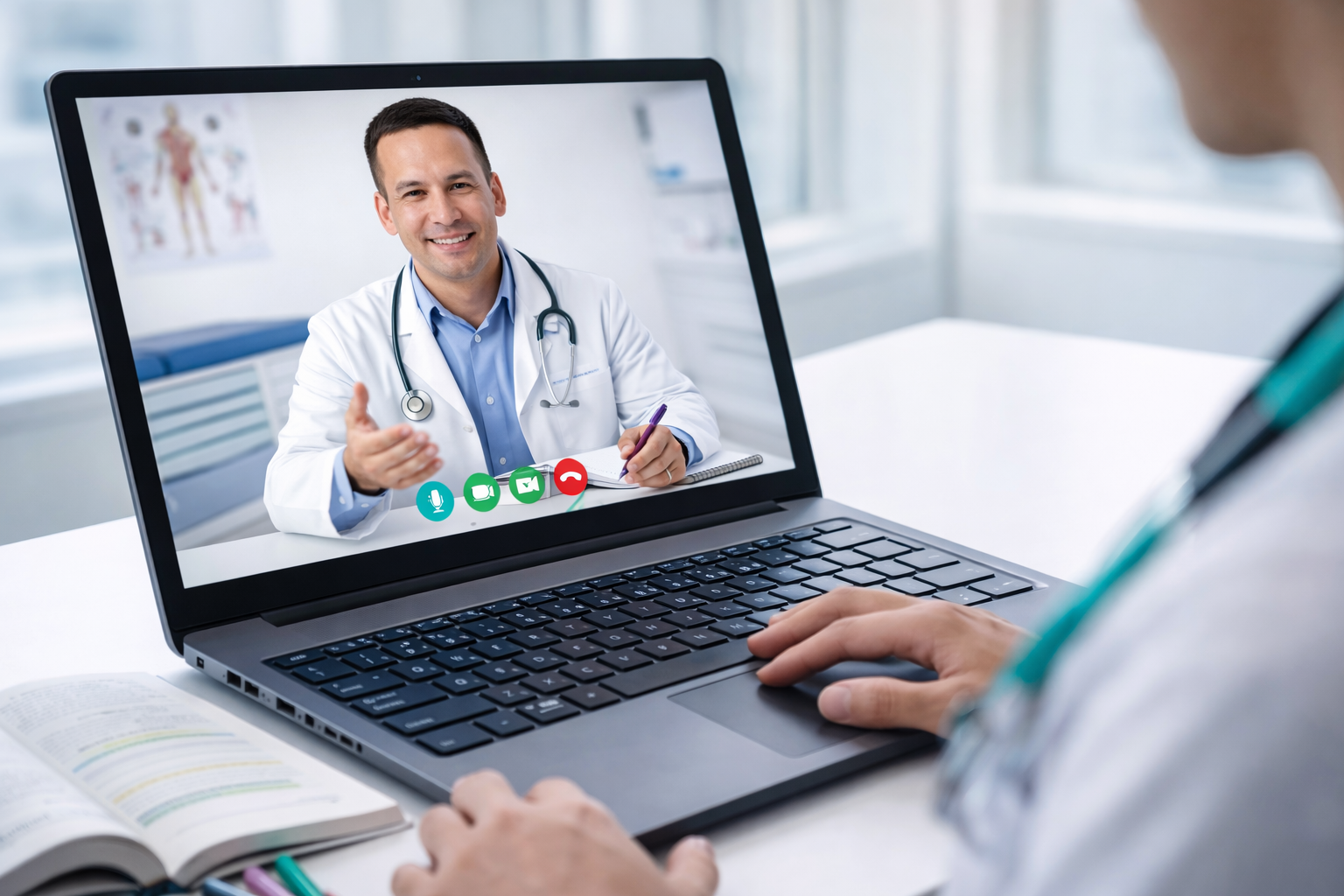 Physician providing one-on-one tutoring to a medical student through a video call