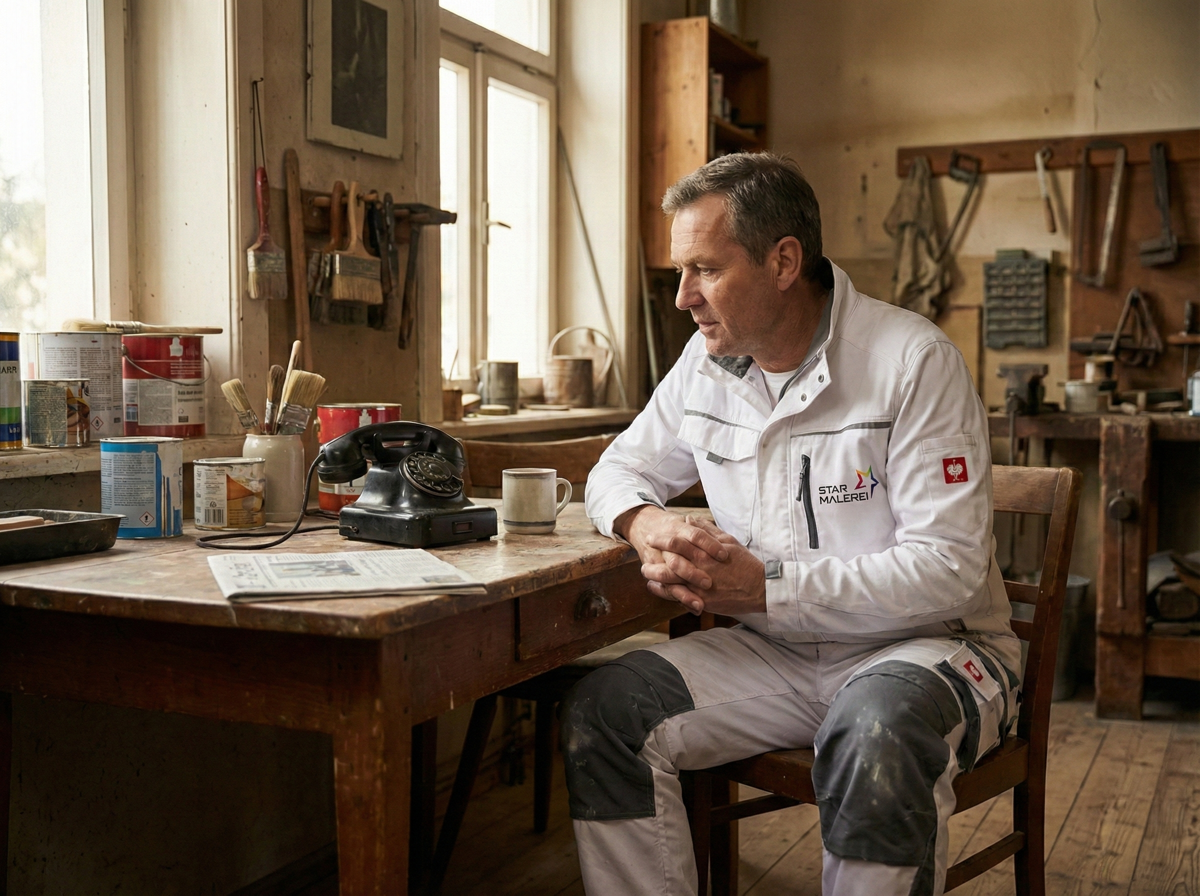 Ein Mann in weißer Arbeitskleidung sitzt in einer Holzwerkstatt an einem Tisch, neben einem alten schwarzen Telefon, mit einem Kaffeebecher und Papieren. Im Hintergrund sind Werkzeuge und Fenster.