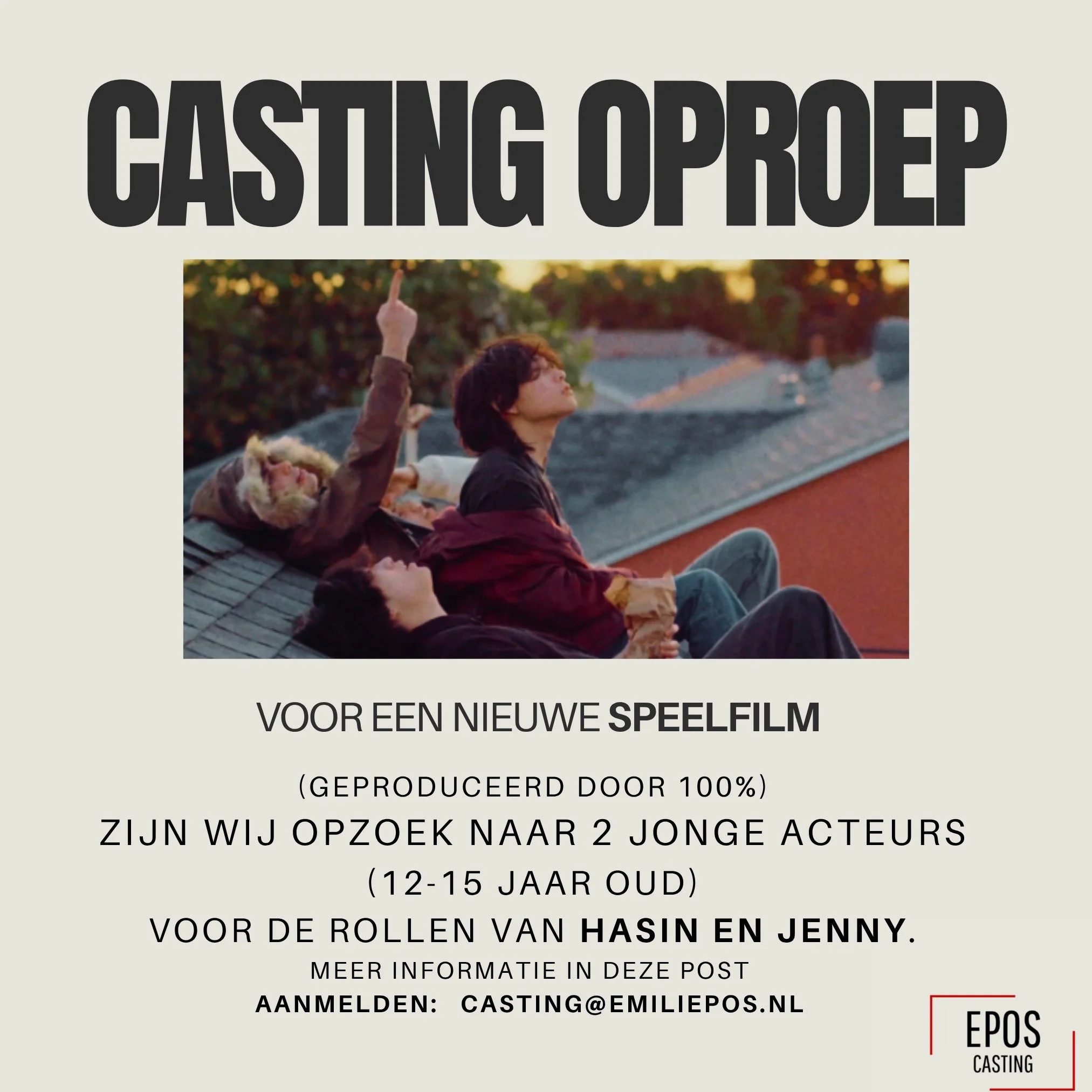 CASTING OPROEP

Voor een nieuwe speelfilm van Jaime Levinas (geproduceerd door 100%) 
zijn wij opzoek naar 2 jonge acteurs (12-15 jaar oud) voor de rollen van HASIN en JENNY.

De film speelt zich af in Rotterdam en gaat over vriendschap, migratie en 