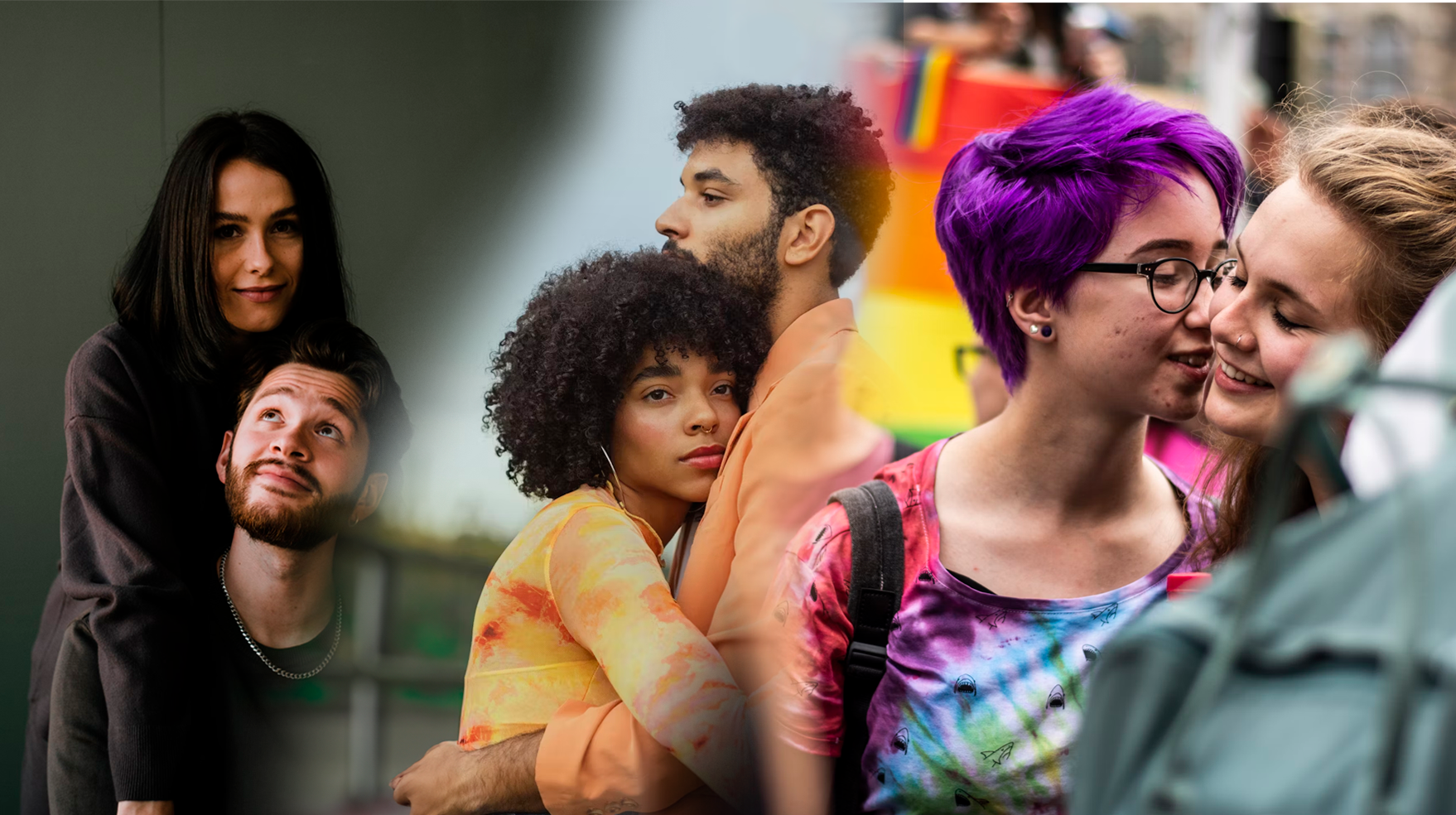 Audit my relationship. Group of diverse young people waiting in line, some leaning on each other, with colorful background and rainbow flag.