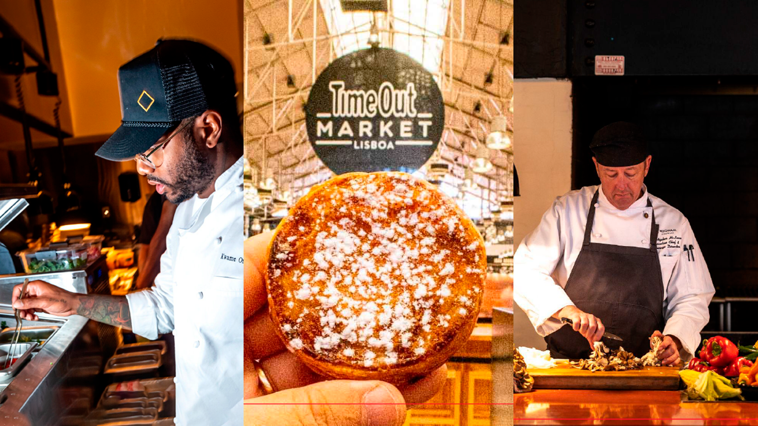 Split image showing chefs cooking and preparing food, a dessert with powdered sugar, and a market sign that says 'Time Out Market Lisboa'.