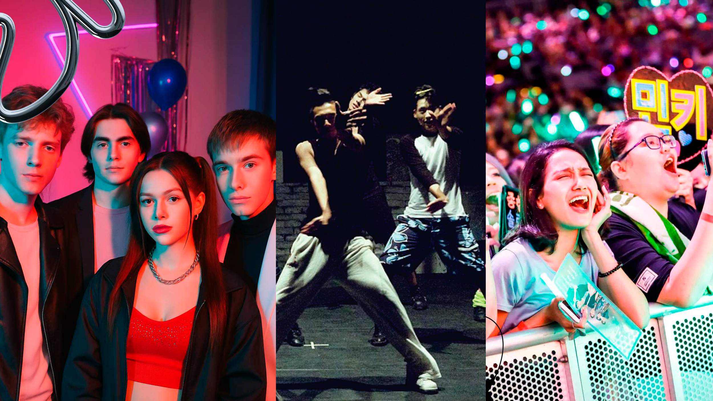 K-Pop odyssey. Three scenes: a group of five young adults at a night party with neon lights, a dance performance with four dancers on stage, and a crowd cheering at a concert with colorful lights and signs.