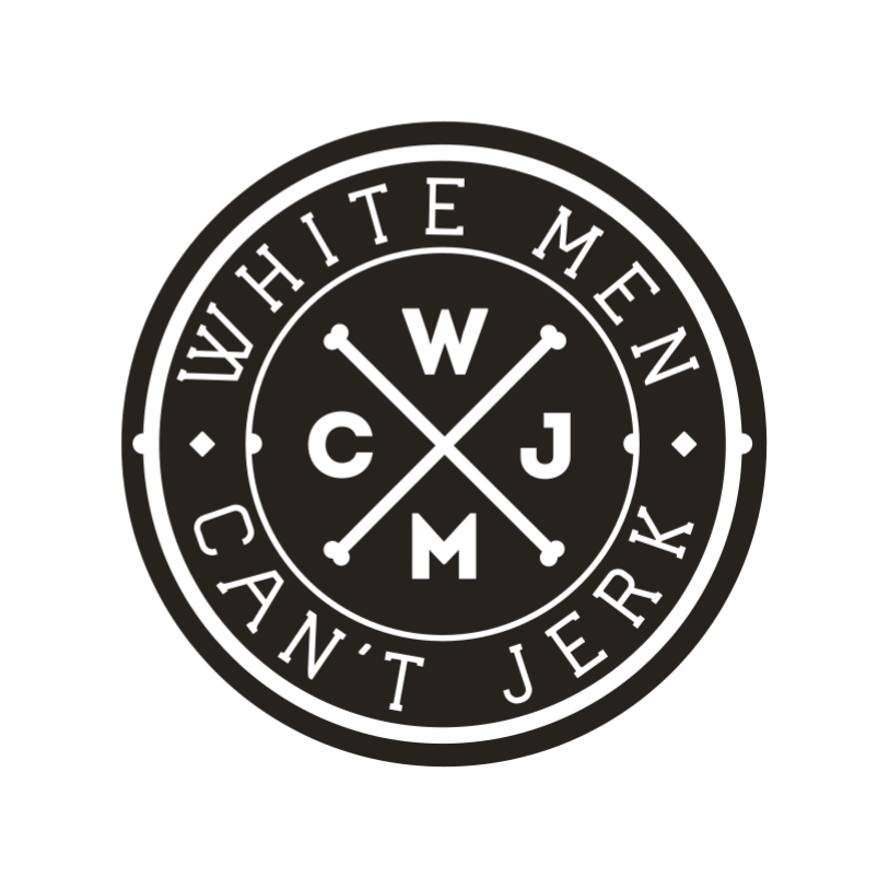 Black and white circular logo for White Men Can't Jerk with crossed baseball bats and the initials WMCJ inside the circle.