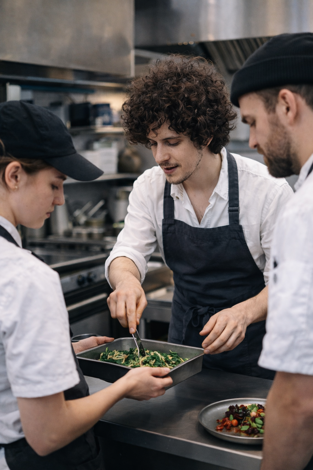 Developmental chef creating menu prototype in commercial kitchen