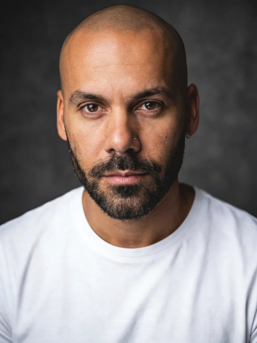 Close-up of a man with a shaved head, beard, and mustache, wearing a white t-shirt, looking directly at the camera against a dark background.