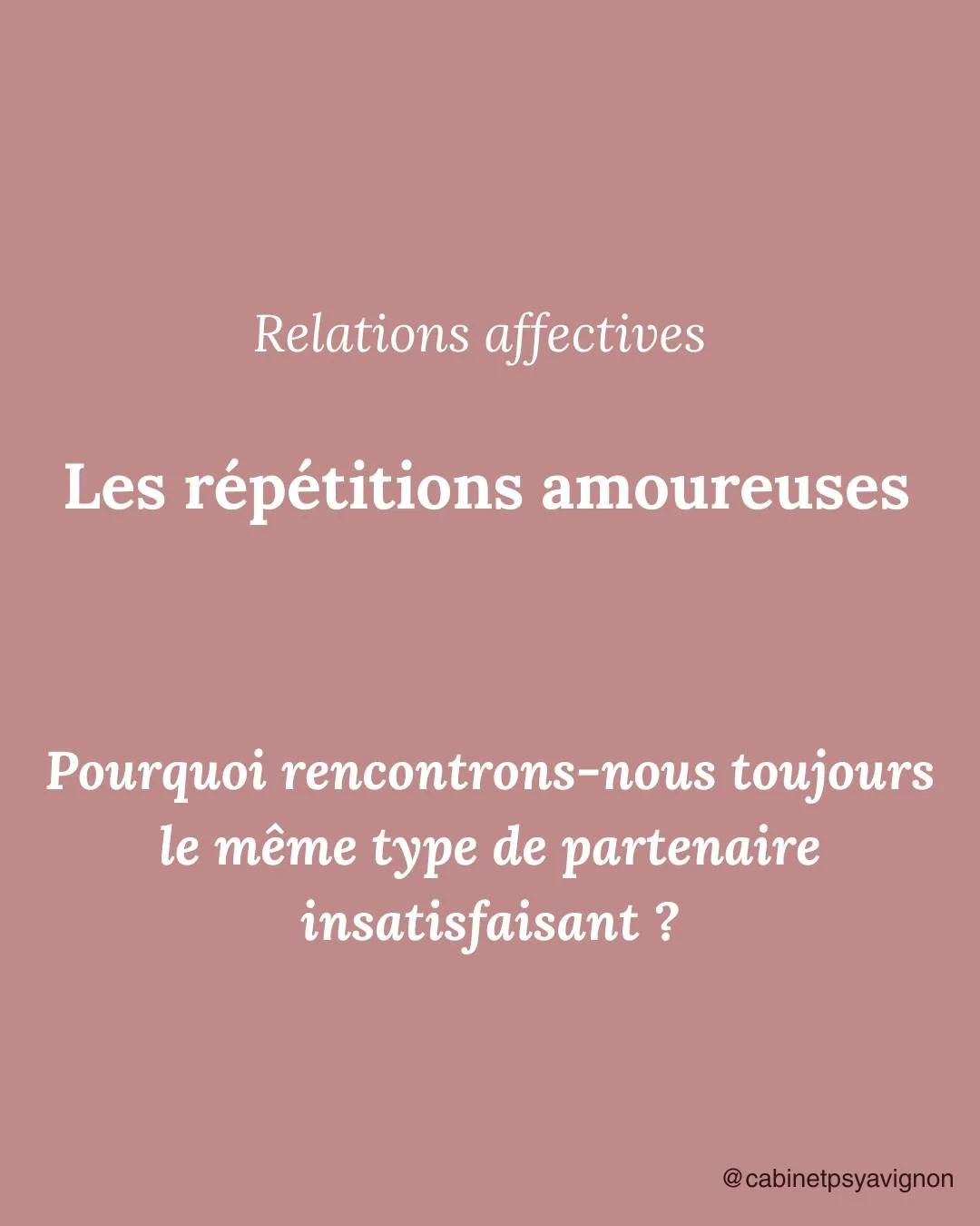 Pourquoi je r&eacute;p&egrave;te toujours la m&ecirc;me histoire en amour ?
Vous changez de visage,
mais l&rsquo;histoire reste la m&ecirc;me.
M&ecirc;me dynamique.
M&ecirc;me blessure.
M&ecirc;me fin.

Les r&eacute;p&eacute;titions amoureuses ne son