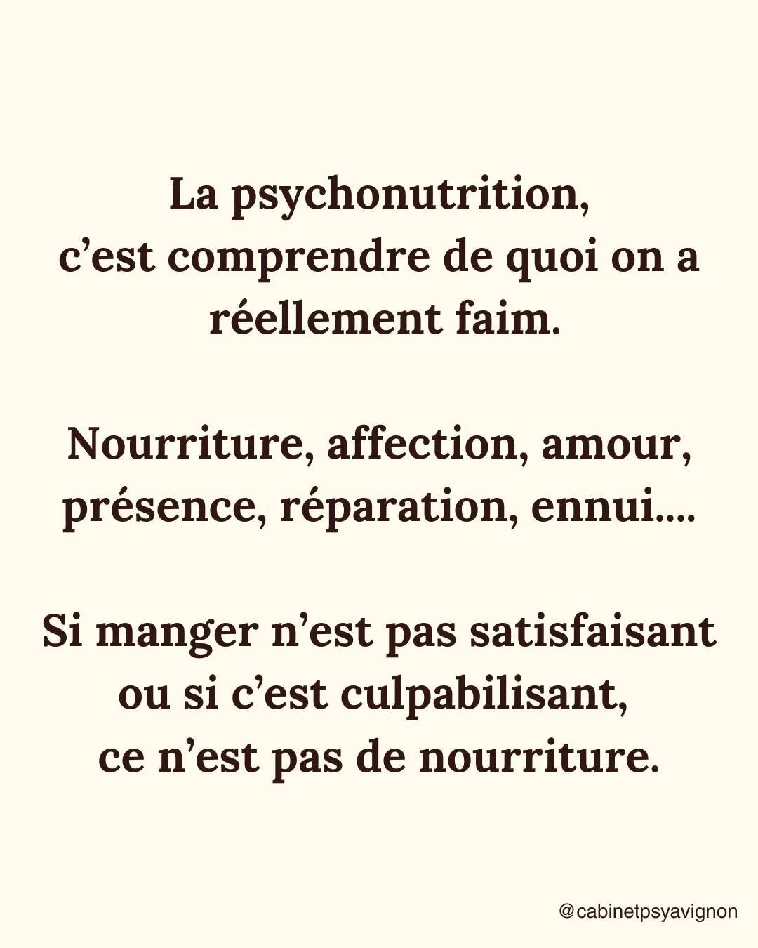 La psychonutrition c'est apprendre &agrave; &eacute;couter autrement la faim :
Est-ce une faim physique ?
Une &eacute;motion &agrave; apaiser ?
Un manque de lien ?
Ou l'ennui qui cherche &agrave; se remplir ?

Manger ne vient pas toujours nourrir ce 