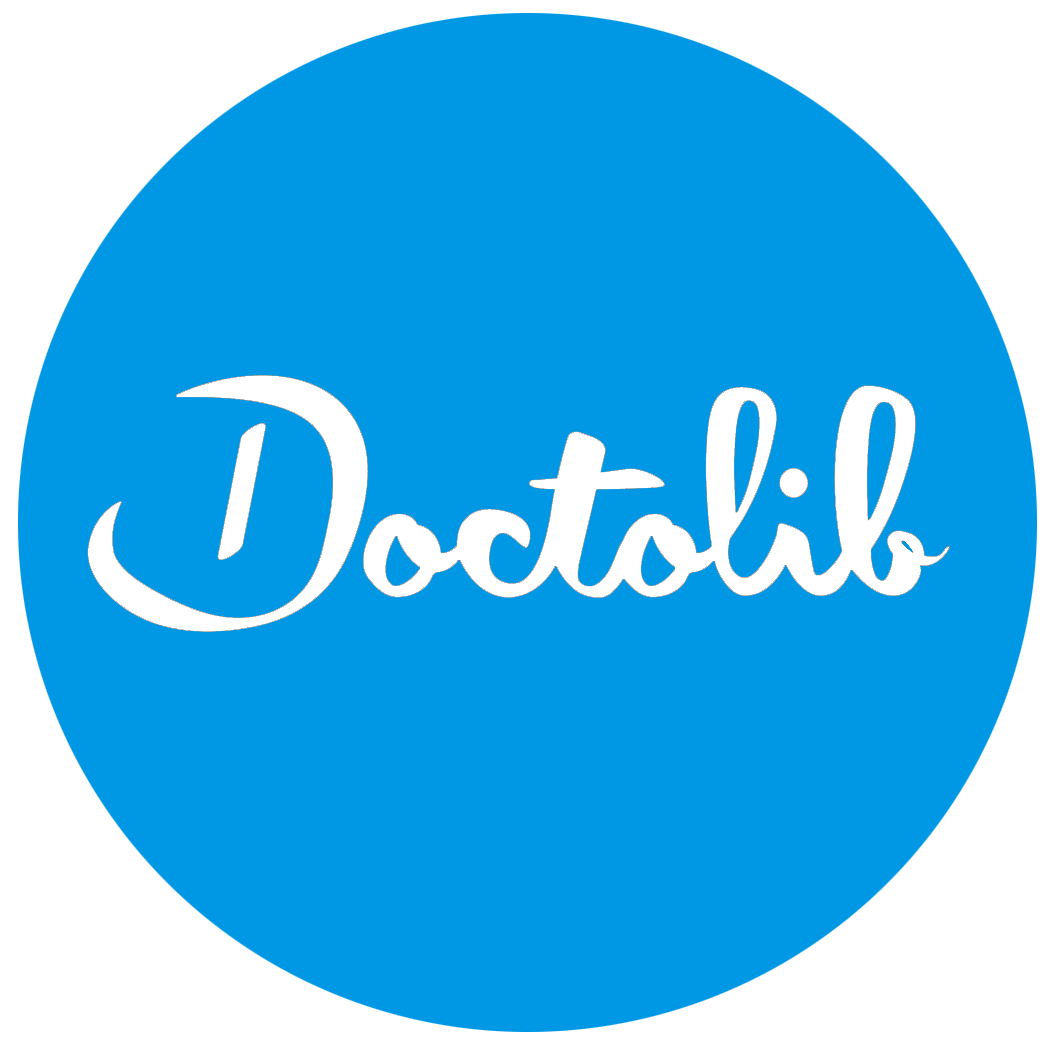 Logo bleu avec le mot 'Doctolib' écrit en blanc script