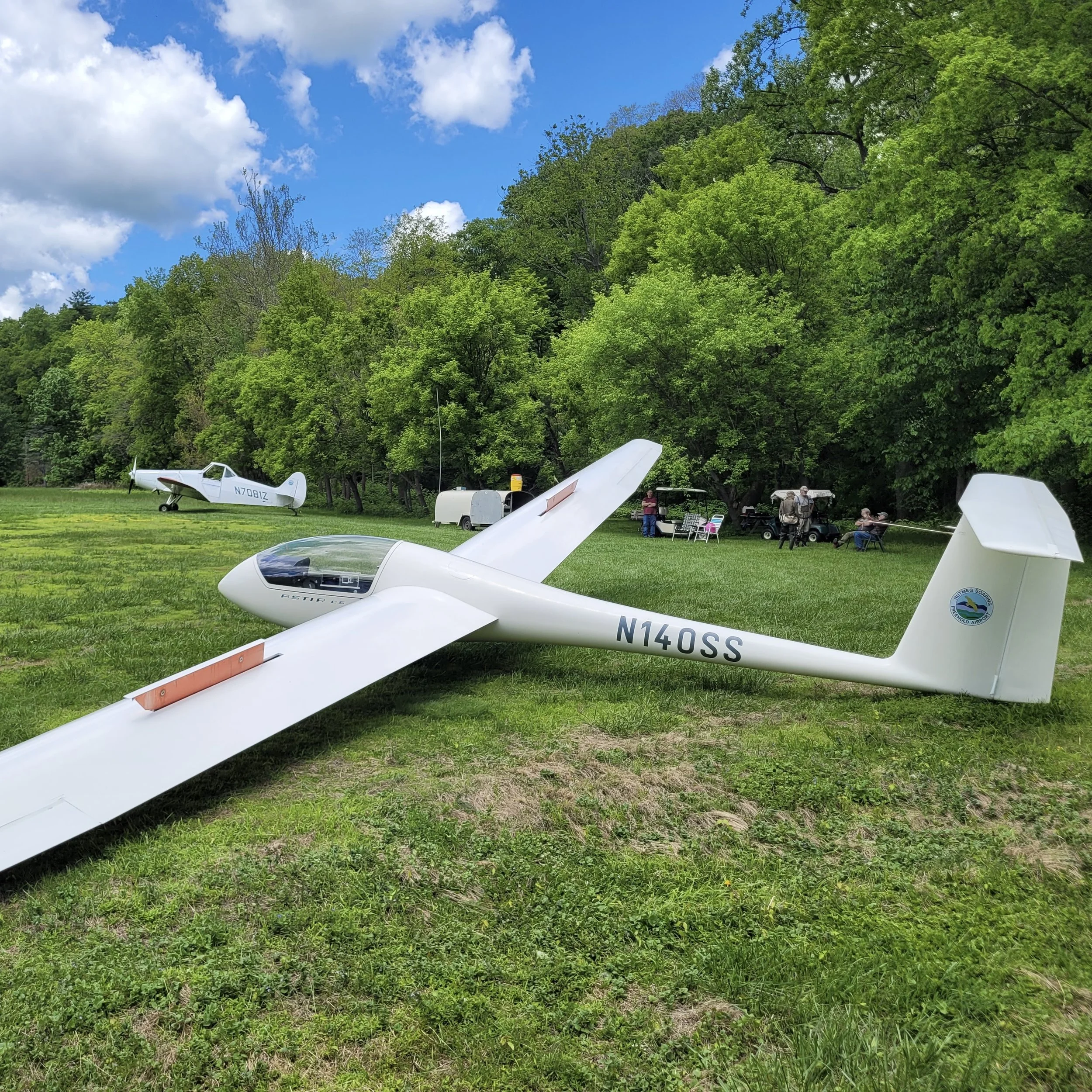 A glider on grass with tail number N140SS, in front of green trees, blue sky with some clouds, and people near golf carts and chairs in the background.