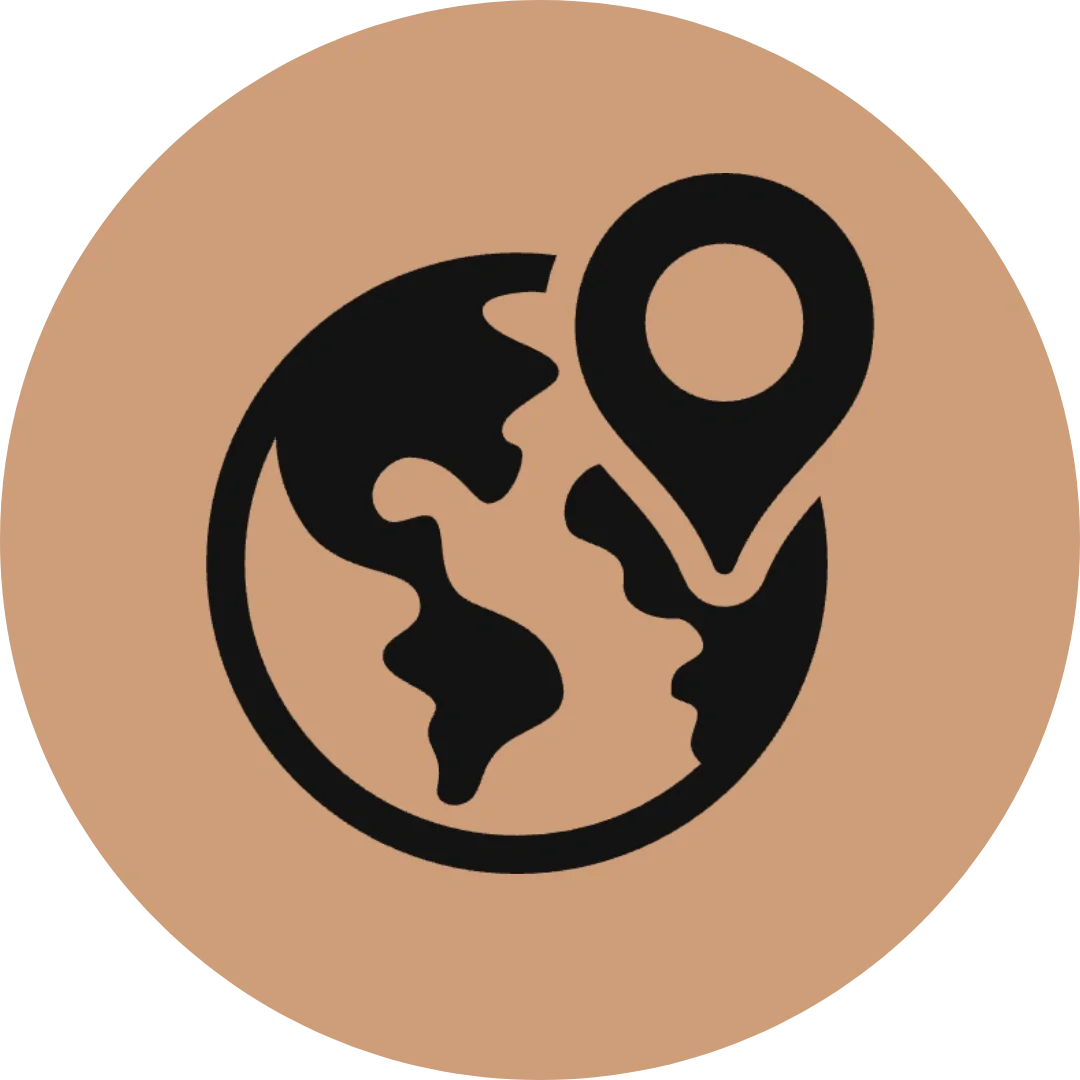 Simbolo di un globo terrestre con una mappa del mondo e una posizione segnata con un puntino