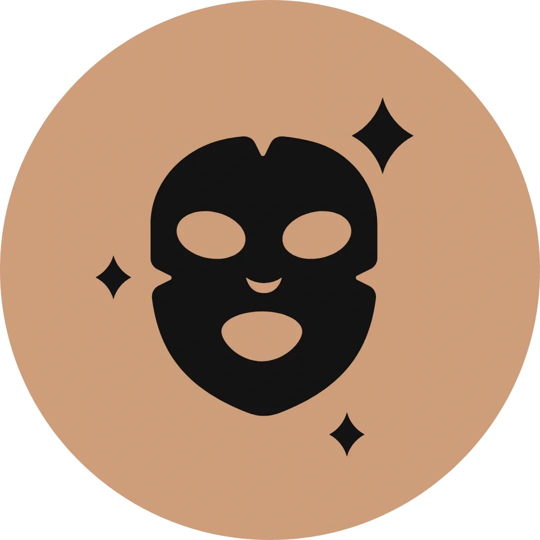 Icona di una maschera facciale nera con sfondo beige, decorata con piccole stelline