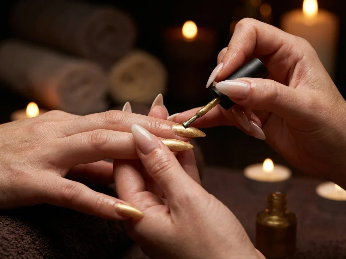 Lavoro di manicure professionale con smalto dorato per unghie, in un ambiente con candele accese e rotoli di tessuti in sfondo.