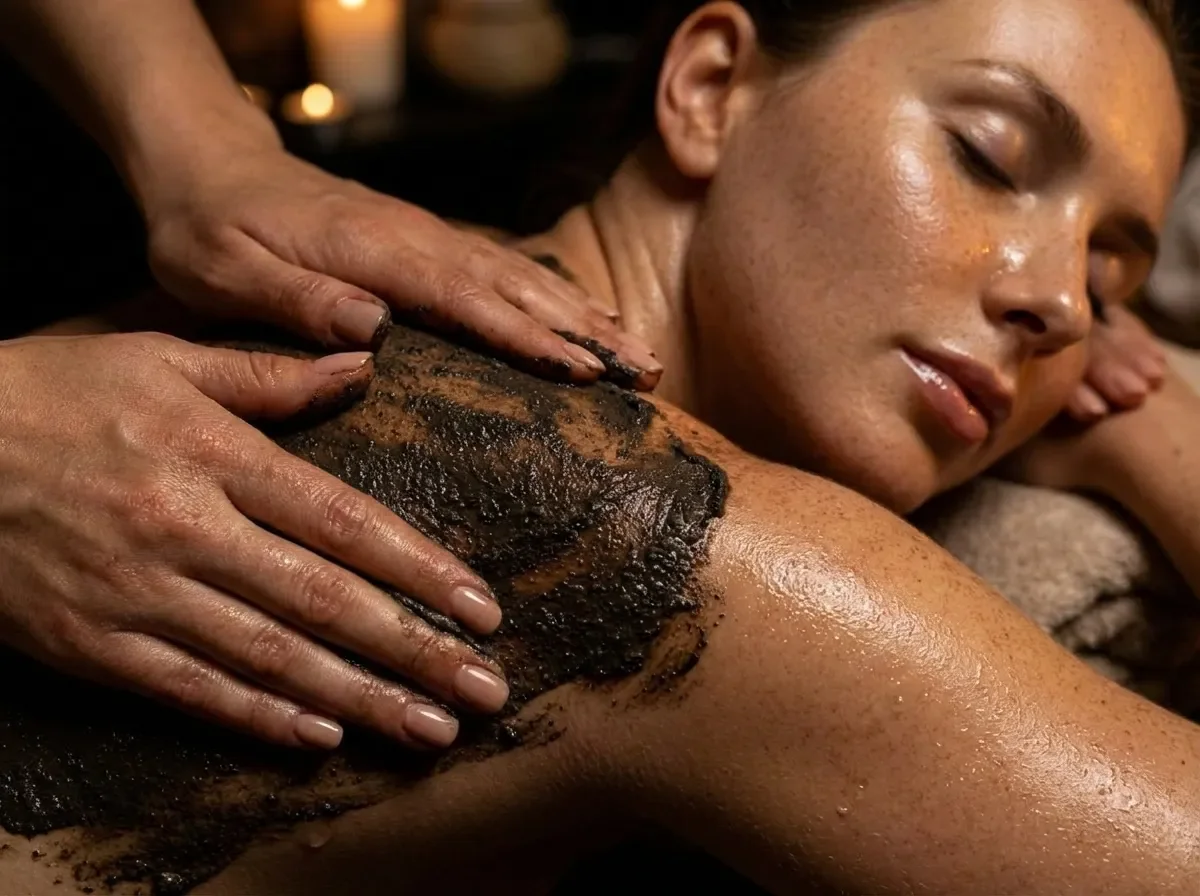 Una donna riceve un massaggio con un trattamento di sabbia o di alghe sulla spalla in un ambiente rilassante.