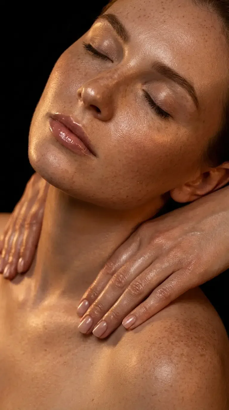Ragazza con la pelle impollinata, chiusa gli occhi, con le mani sulle spalle, sfondo nero.