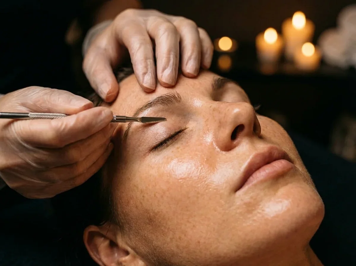 Una persona riceve un trattamento estetico al viso, probabilmente un trucco o un trattamento di estetica, con strumenti e mani di un operatore visibile in primo piano.