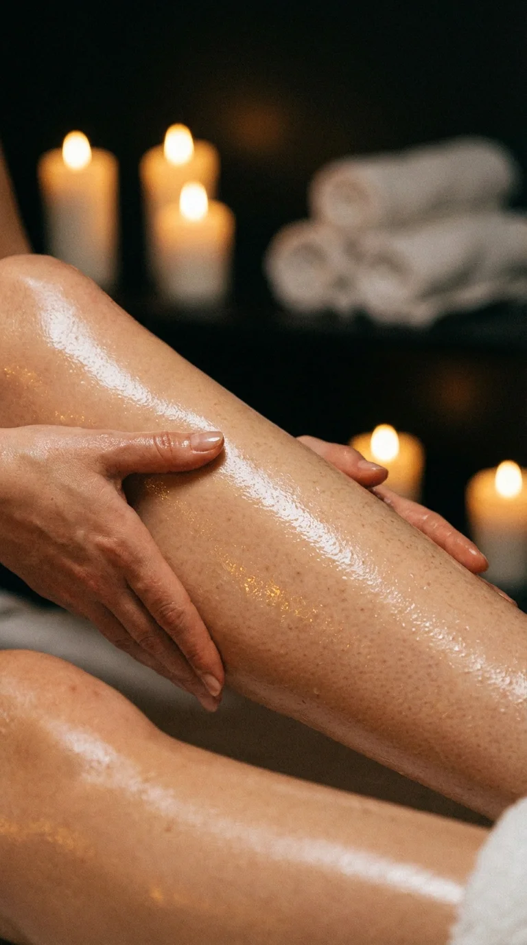 Una persona riceve un massaggio alle gambe, con candele accese e asciugamani in background.