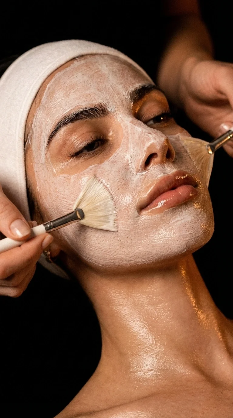 Donna riceve un trattamento di bellezza con una maschera viso mentre qualcuno applica un prodotto con un pennello a ventaglio