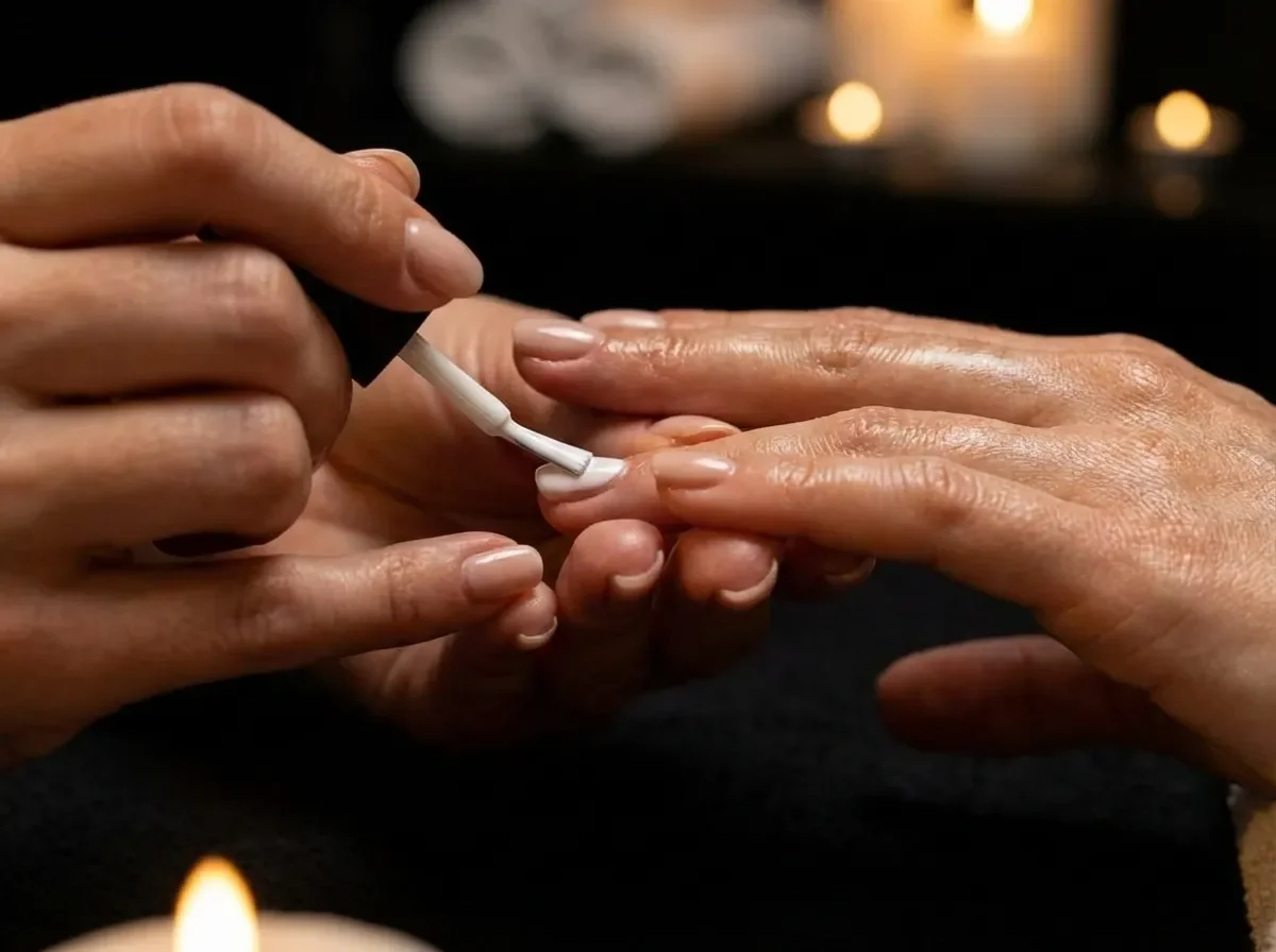 Una persona sta facendo la manicure a un'altra, applicando lo smalto con un pennellino.