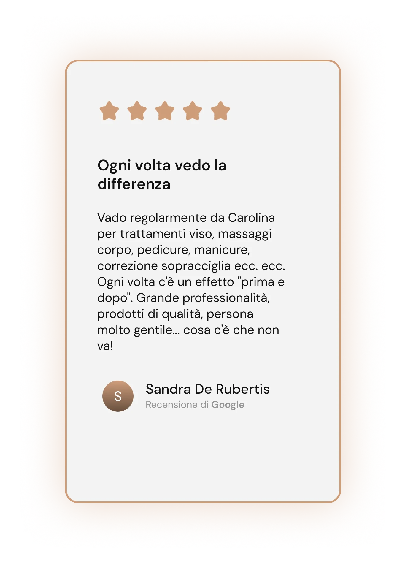 Recensione con cinque stelle e testo in italiano che descrive esperienze di trattamenti viso e massaggi.
