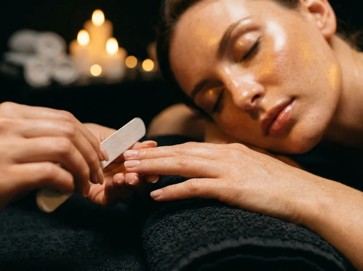 Una donna che riceve una manicure o trattamento delle unghie con una lima, con candele accese sfocate sullo sfondo.