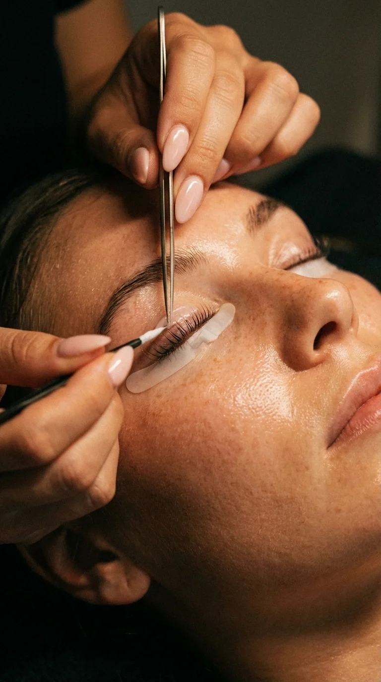 Trucco o applicazione di extension alle ciglia di una donna, con attenzione ai dettagli e precisione.