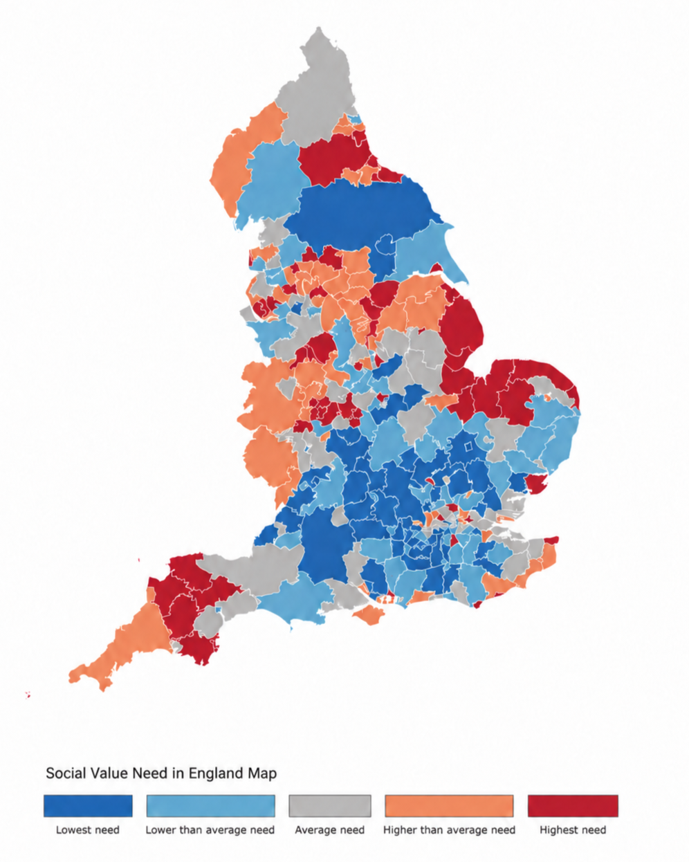 Social Value Need in England map, showing local authorities from lowest to highest need, with a five-category colour legend.
