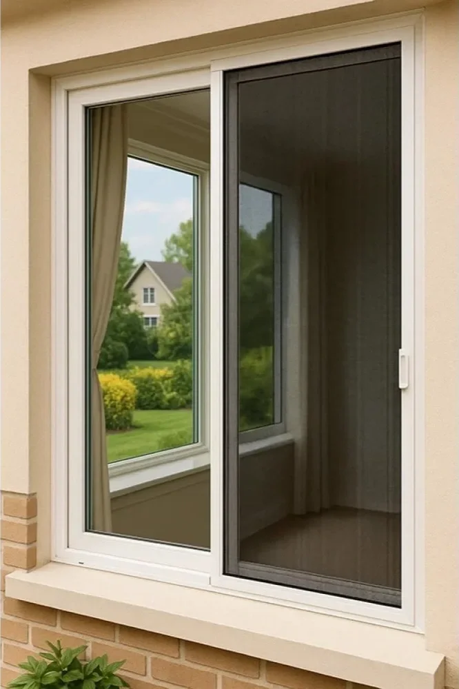 A sliding glass door with one side transparent and the other side a black screen, leading to an interior room with curtains. Outside, there is a view of a grassy lawn with shrubs, trees, and a house in the distance.