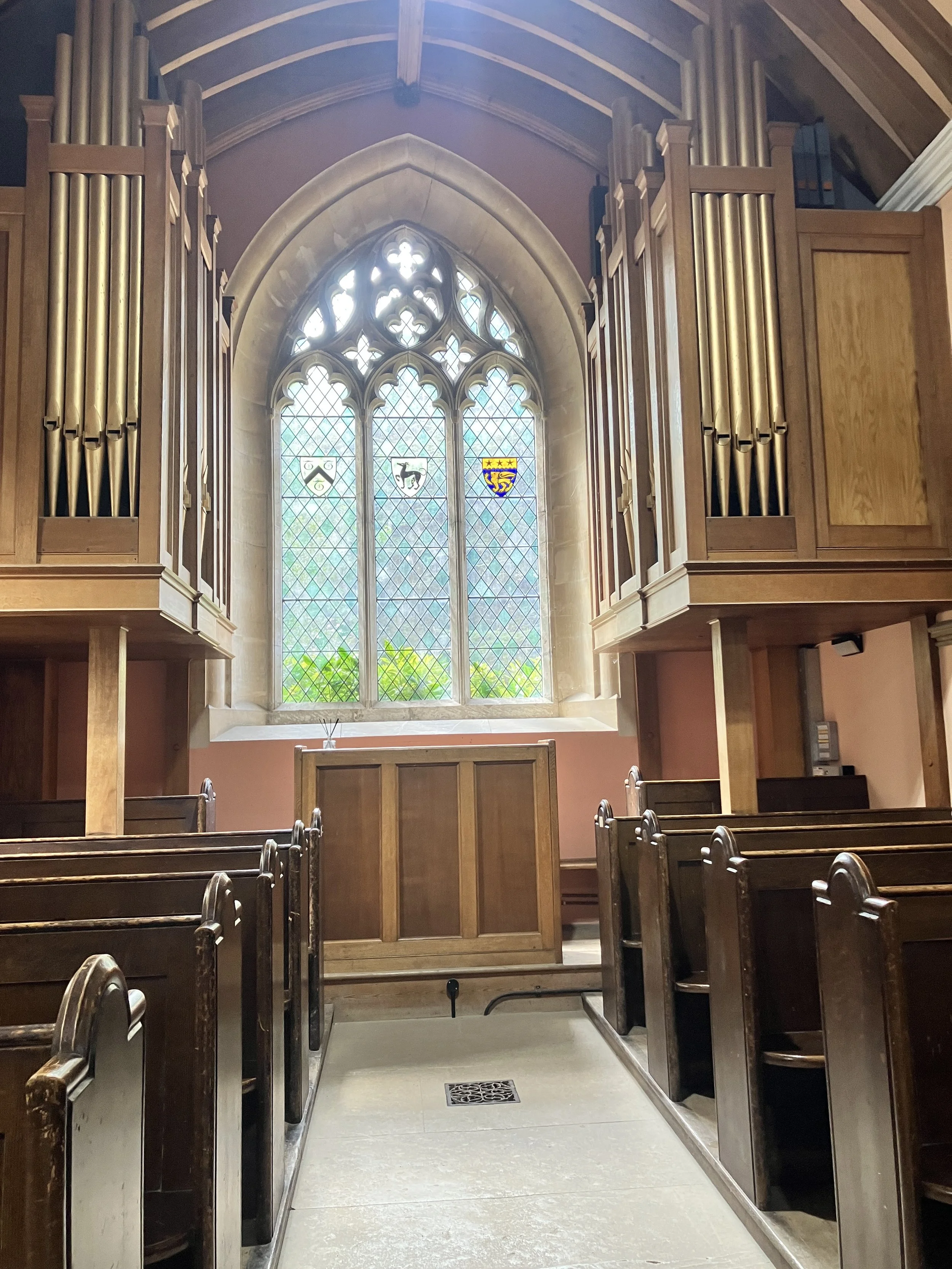 The organ on display at Westonbirt School Chapel in Gloucestershire ready for a wedding ceremony with organist Ben Humphries