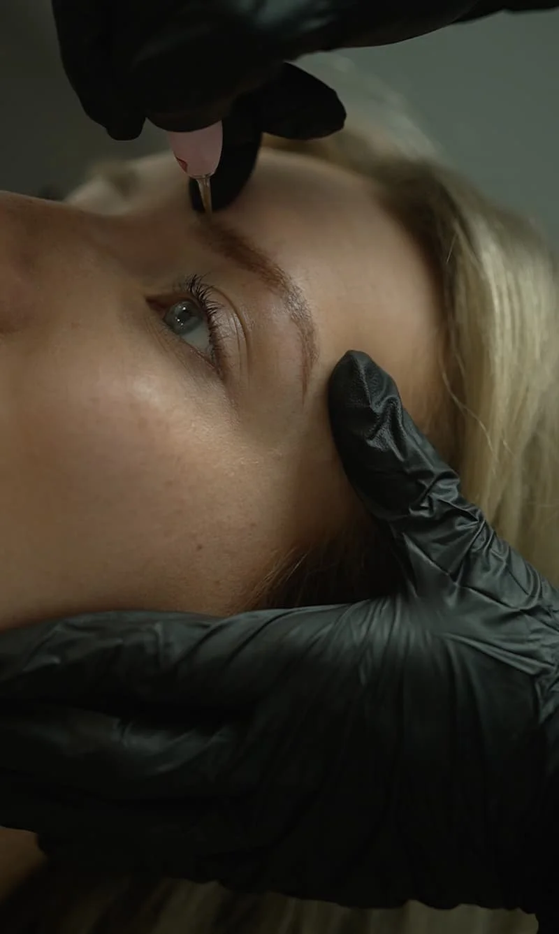 Machine Nano Brows close up with hybrid pigment for light hair client at URADIANT cosmetic tattoo