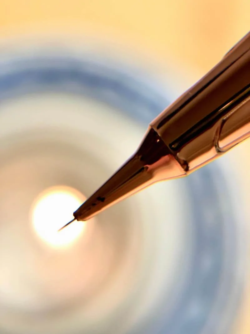 A tip of ultra fine needle cartridge showing the precision, the depth and dimension it creates.