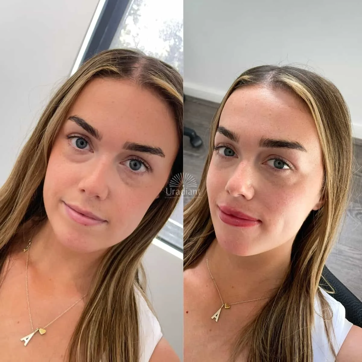 Full saturation velvet lip blush tattoo in a classic nude rose shade.