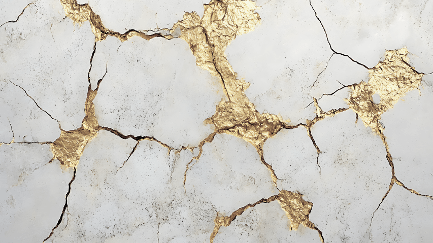 Close-up of a cracked white marble surface with gold leaf accents in the cracks.