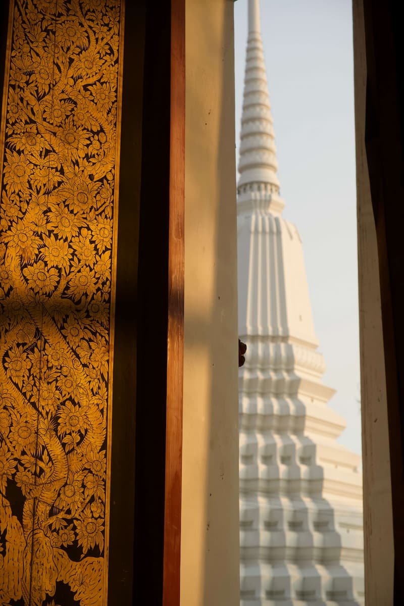 Shadow on the Thai window and pagoda in golden hour. The journey of SMP, the experience and the after care.
