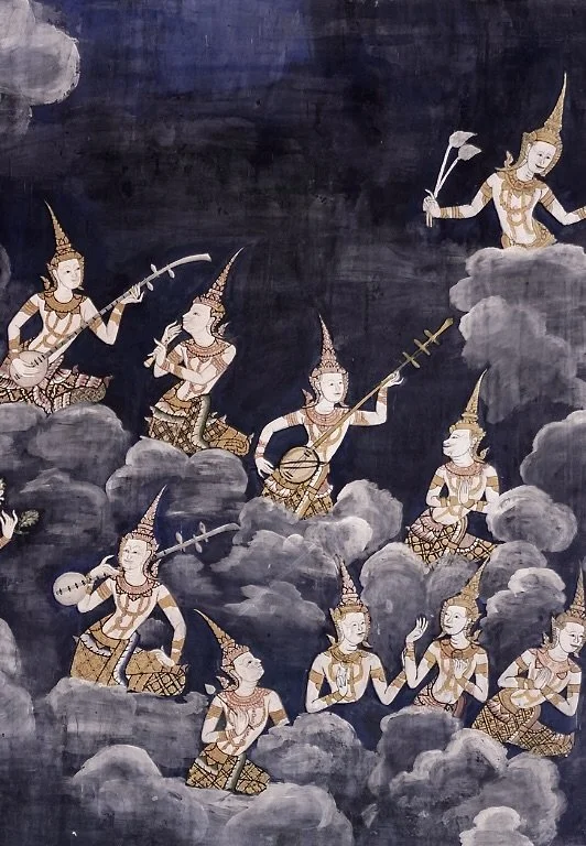 A Thai drawing art of angles playing instruments in heaven, a symbol of invitation to connect and communicate with us.