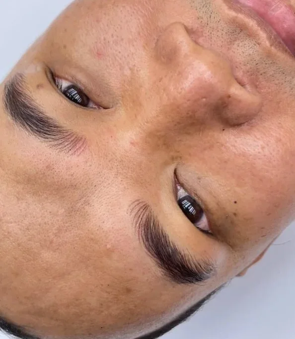 Precision hair stroke for men's nano brows showing hyper realistic result