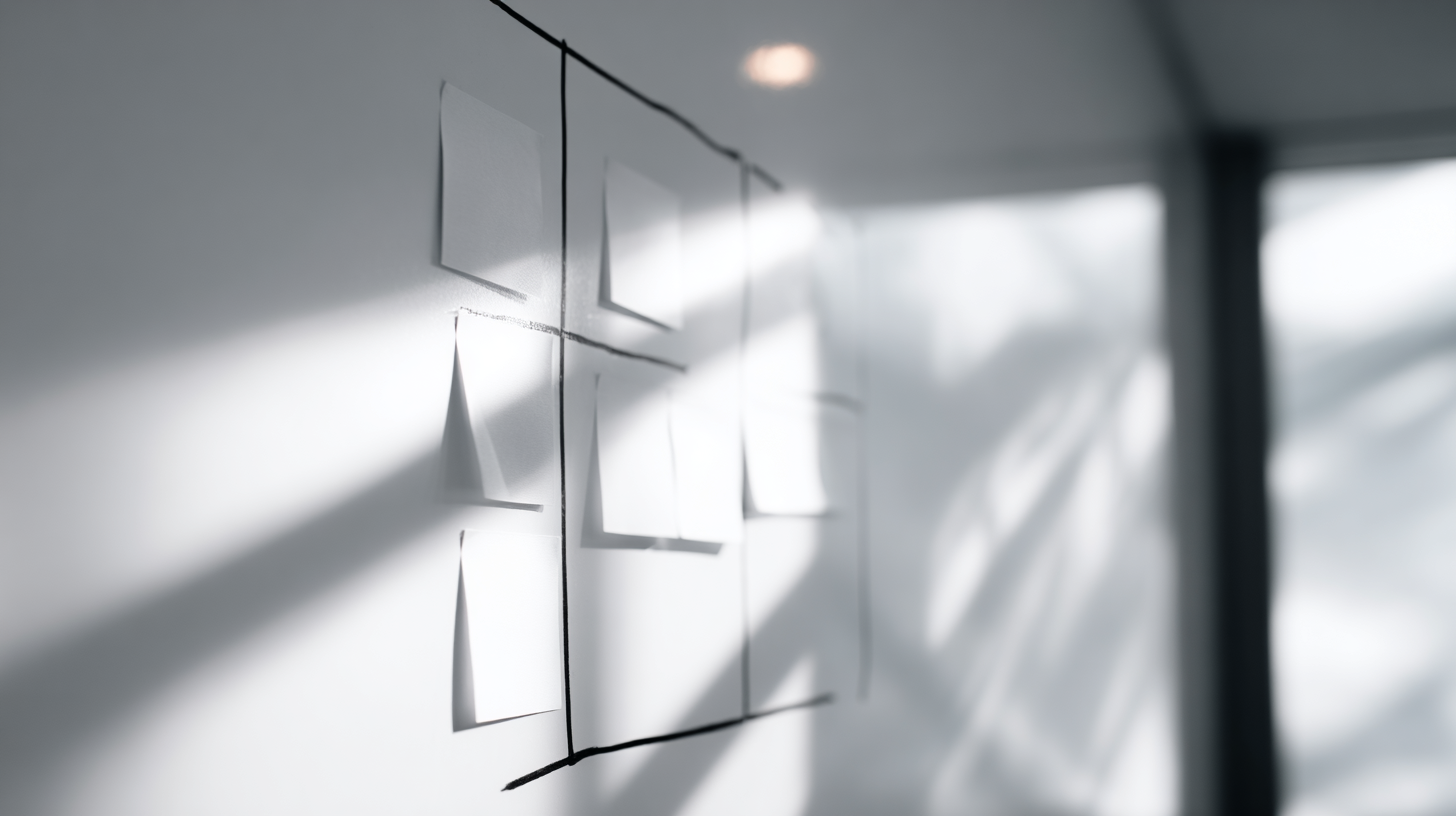 Weiße Post-it Zettel an einer Wand, Schatten und Lichtreflexionen auf der Wand