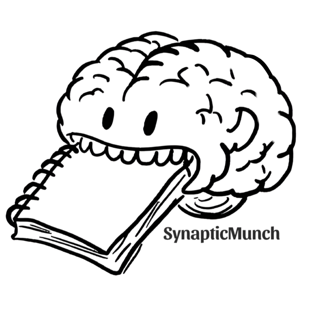 A cartoon drawing of a brain with a wide open mouth, with a tongue sticking out, holding a piece of paper in its mouth, with the word "SynapticMunch" written below.