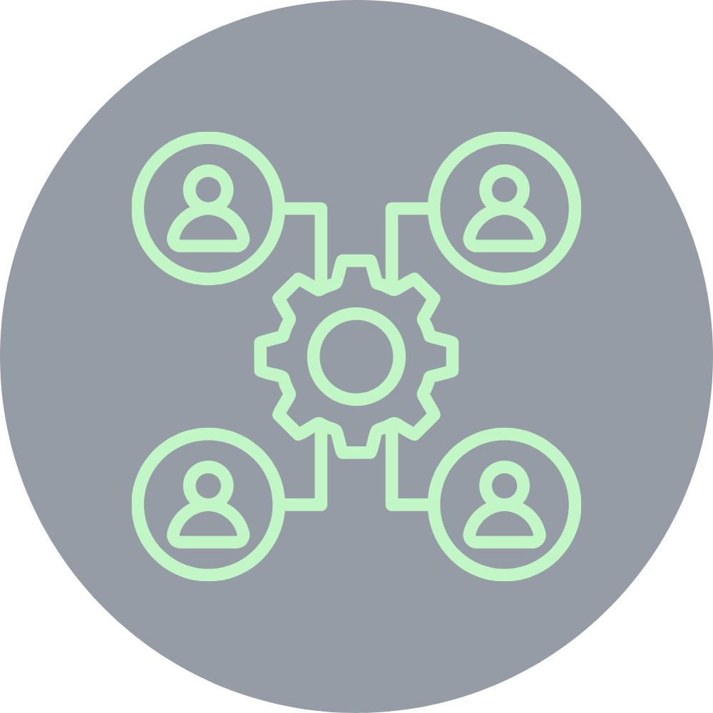 Icon of a gear connecting four user profiles arranged in a square, representing team collaboration or network.