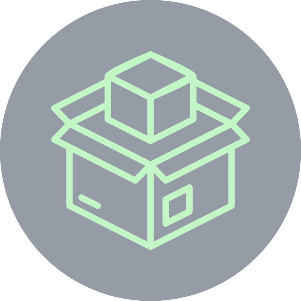 Outline graphic of a cardboard box with an open top and a smaller box inside, on a gray circular background.