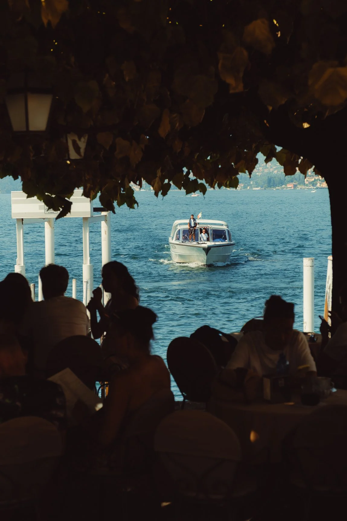 A small white boat on the lake seen through a natural archway of dark green leaves and vines.