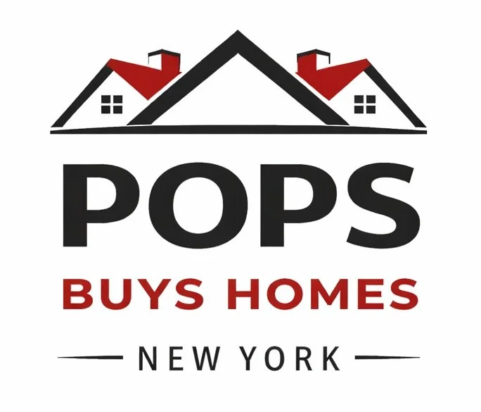 Logo with a stylized house roof, the text 'POPS BUYS HOMES' in black and red, and 'NEW YORK' below, separated by horizontal lines.
