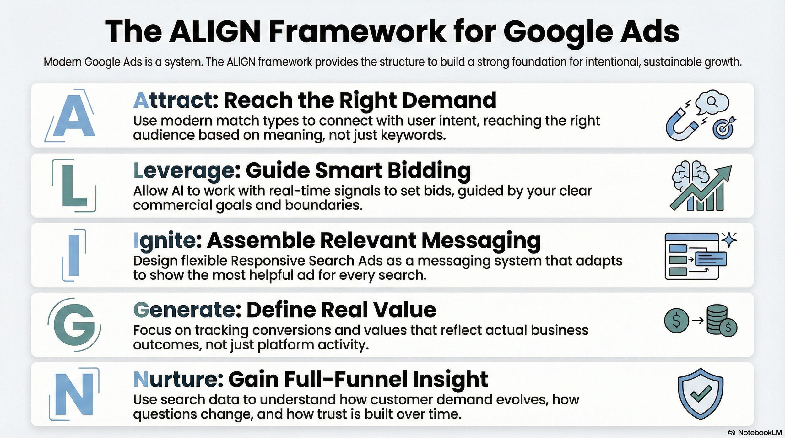 ALIGN framework for Google Ads diagram explaining how Attract, Leverage, Ignite, Generate, and Nurture structure a modern, AI-driven Search strategy from intent matching through Smart Bidding, ad relevance, and conversion measurement.