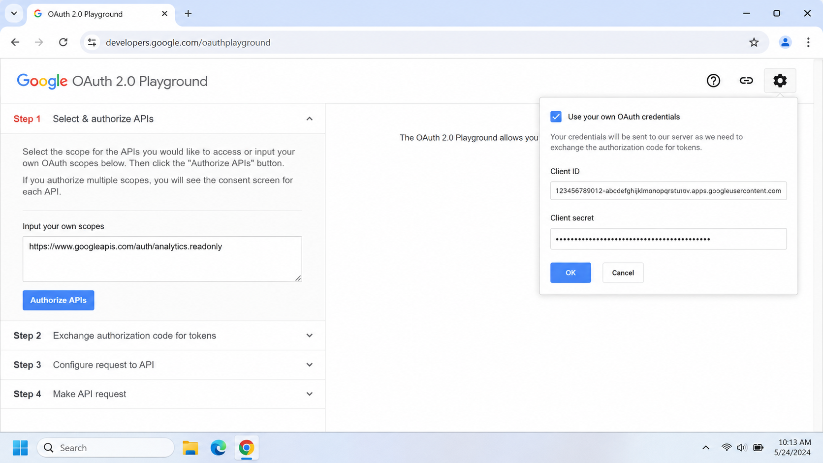 Google OAuth Playground using your own credentials with the analytics.readonly scope entered