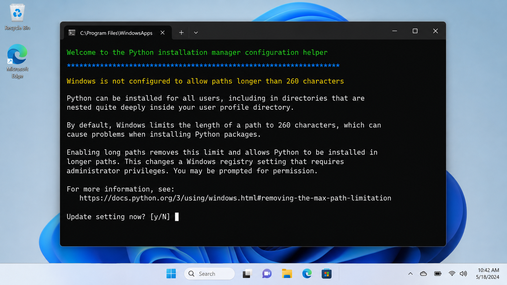 Python Install Manager on Windows asking whether to enable long path support during installation