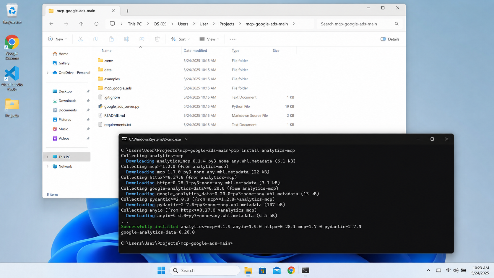 Windows command prompt installing the analytics-mcp connector with pip inside the project folder